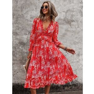 Ditsy Floral Red Midi Dress V-Neck